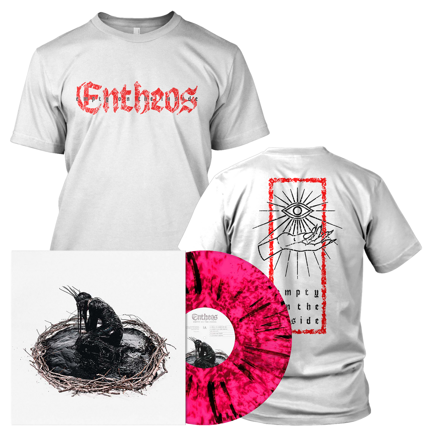 Entheos - Empty on the Inside | Neon Pink/Black Dust Splatter Vinyl White Shirt Bundle