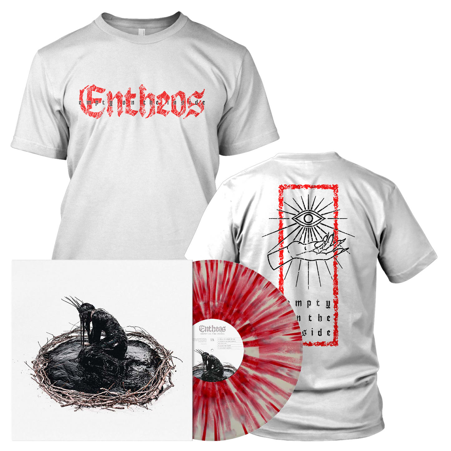 Entheos - Empty on the Inside | White/Red Splatter Vinyl White Shirt Bundle