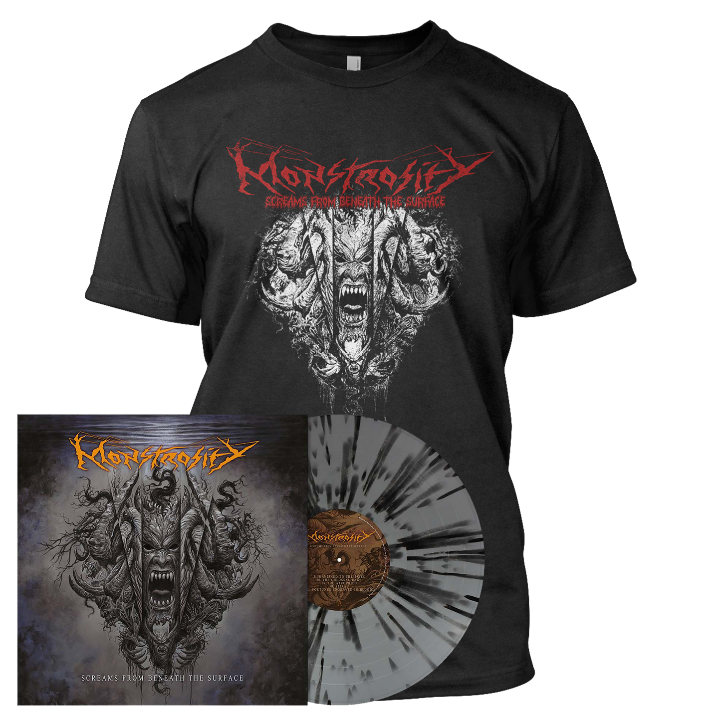 Monstrosity - Screams from Beneath the Surface | Silver/Black Splatter Vinyl Bundle