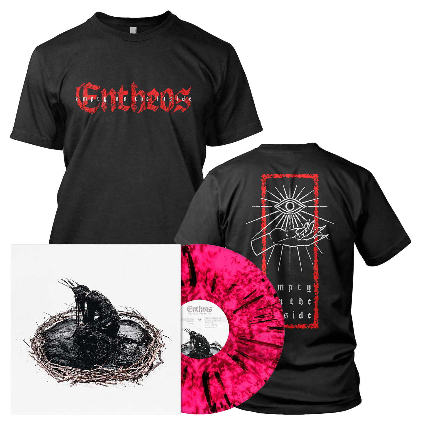 Entheos - Empty on the Inside | Neon Pink/Black Dust Splatter Vinyl Black Shirt Bundle