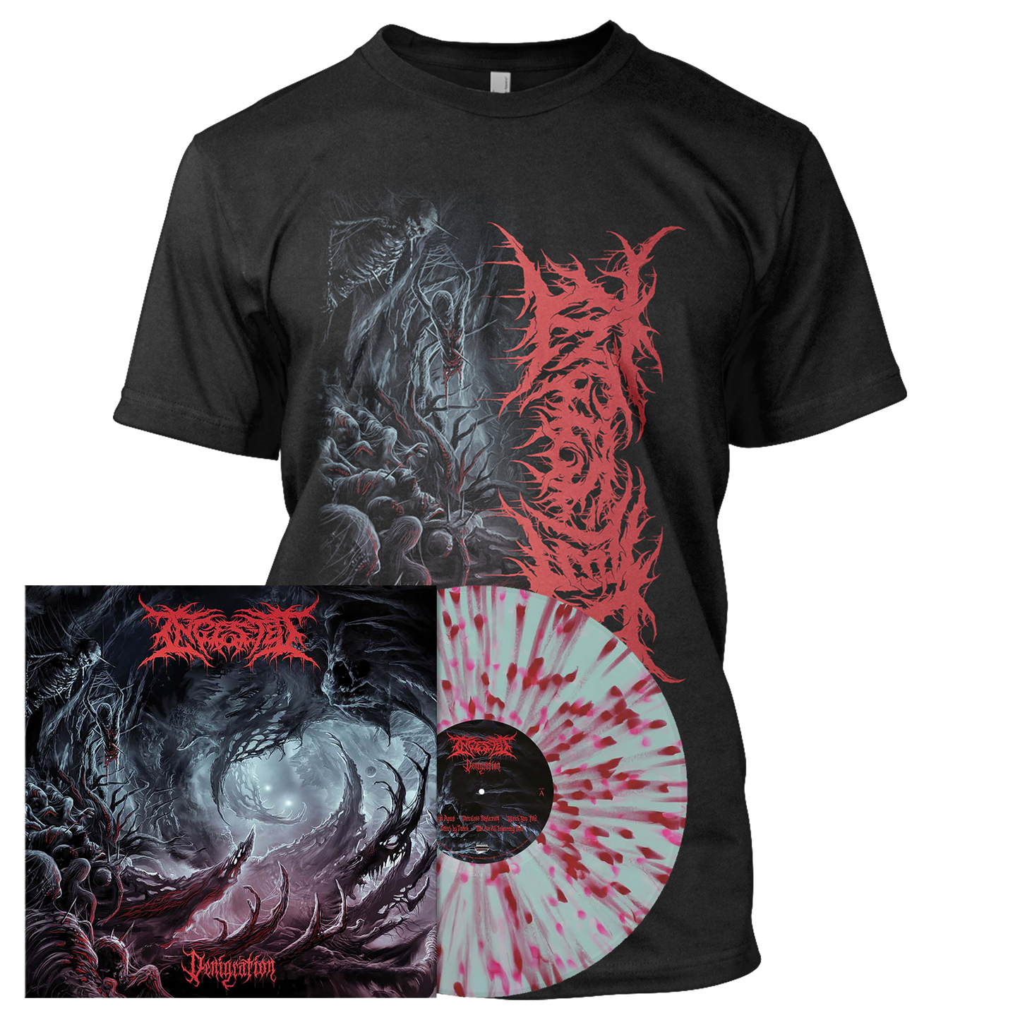 Ingested - Denigration | Clear Turqoise Blue w/Red & Neonpink Splatter Vinyl Bundle